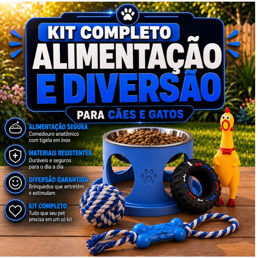 Comedouro Anti formiga Elevado + tigela Inox para Cães e Gatos + Kit de Brinquedos Mordedor Anti estresse Terapeutico