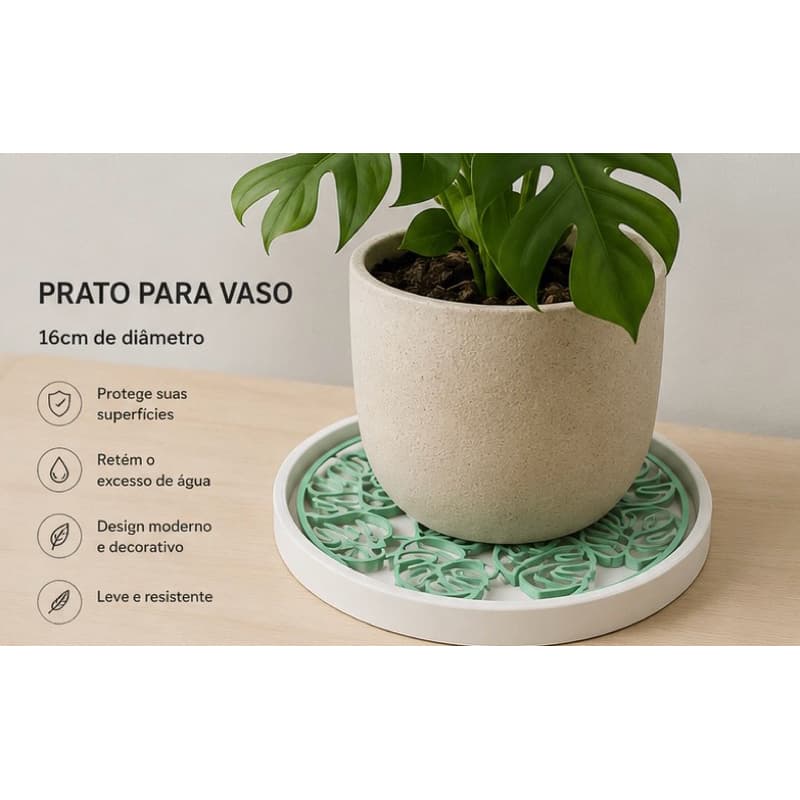 Prato para Vaso de Planta 16cm Costela de Adão | Aparador de Água Decorativo | Suporte para Vasos