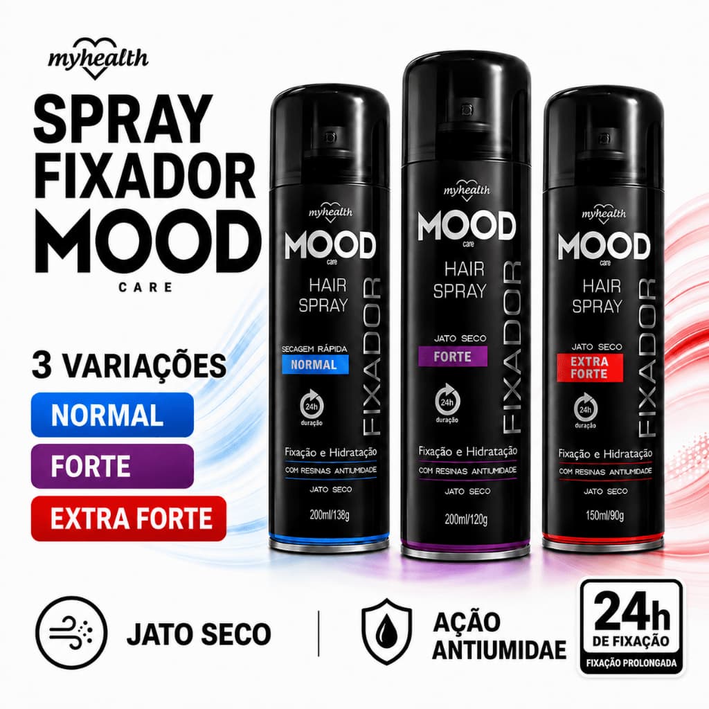 Spray Fixador de Cabelo Mood Hair Spray Jato Seco 24h Antiumidade Normal Forte Extra Forte