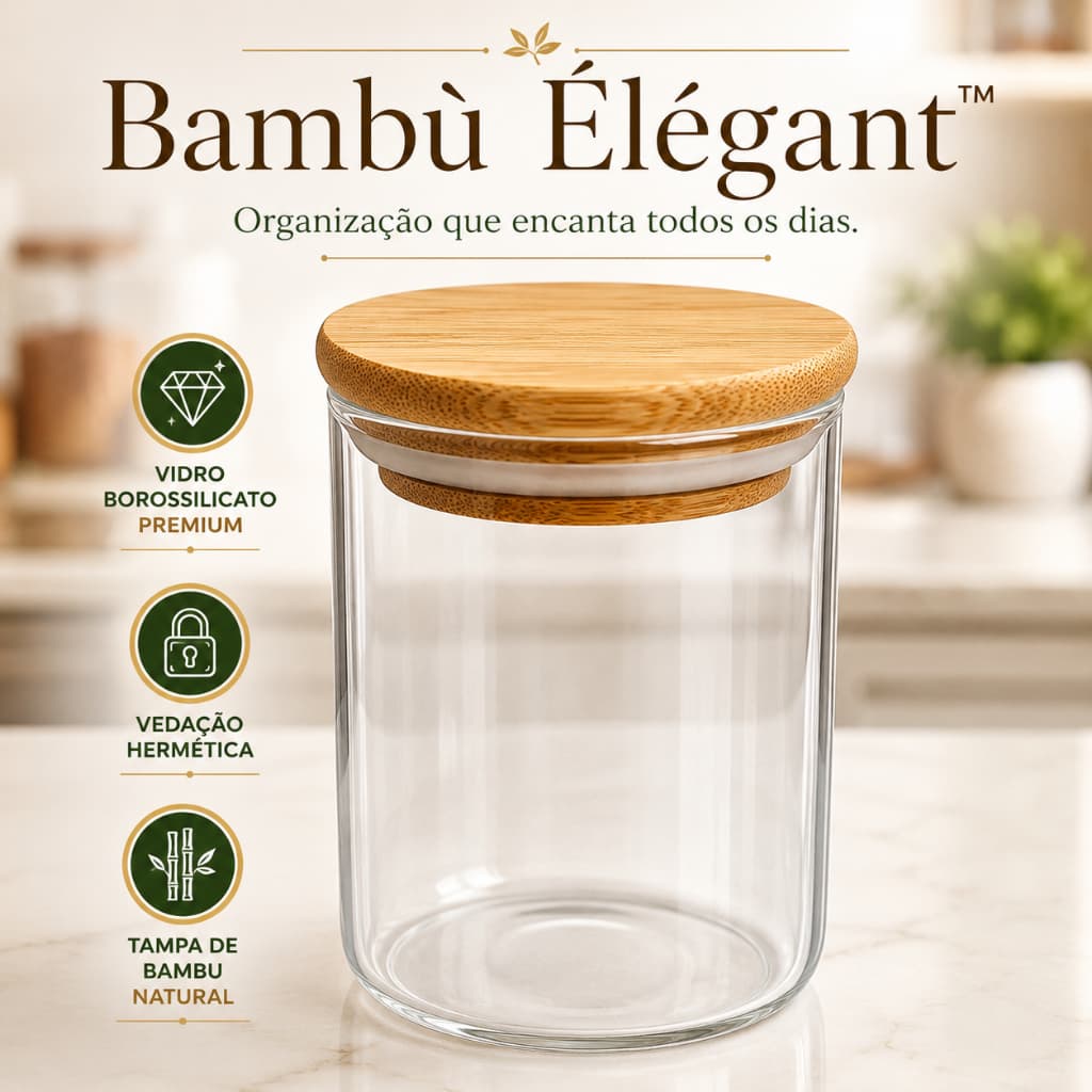 Pote Hermético de Vidro Borossilicato 200ml com Tampa de Bambu Bambù Élégant™ | Vedação Hermética para Café, Temperos,