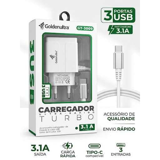 Carregador de Celular Rapido Turbo 3USB Tipo C Goldenultra GT-3009 Bivolt