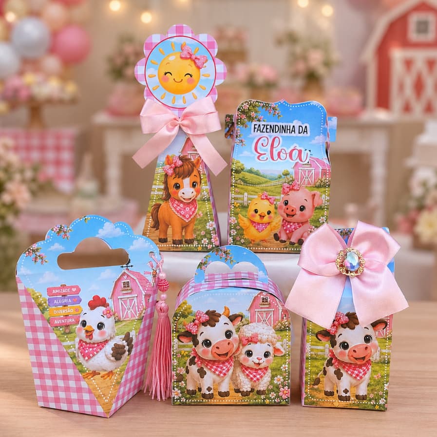 Caixinhas Personalizadas Fazendinha Menina para lembrancinha de aniversário com nome e idade