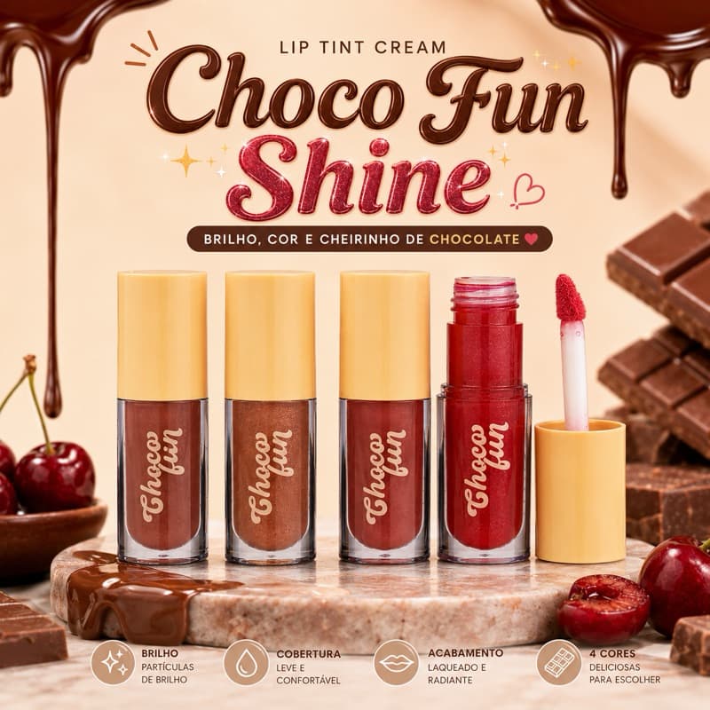 Lip Tint Choco Fun Shine Fenzza Original com Brilho e Aroma de Chocolate – 4 Cores