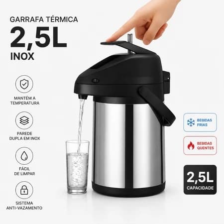 Garrafa Térmica Aço Inox Detalhes em Preto Com Alça 2,5L Água, Café, Tereré, Ideal Para Todo Tipo De Bebida