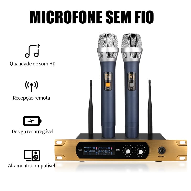 Microfones Dinâmicos Sem Fio Recarregáveis, Controle Individual de Volume, Festas e Apresentações em Palco