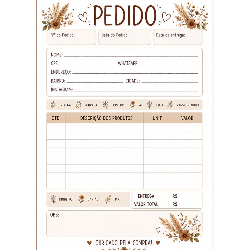 Kit 2 Blocos de Pedido A6 | 100 Folhas Cada | Papel 75g | Modelos Delicados SEM CARBONO