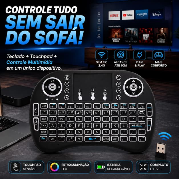 Mini Teclado Sem Fio com Touchpad Retroiluminado LED 2.4G USB para Smart TV TV Box PC Android Mac Linux