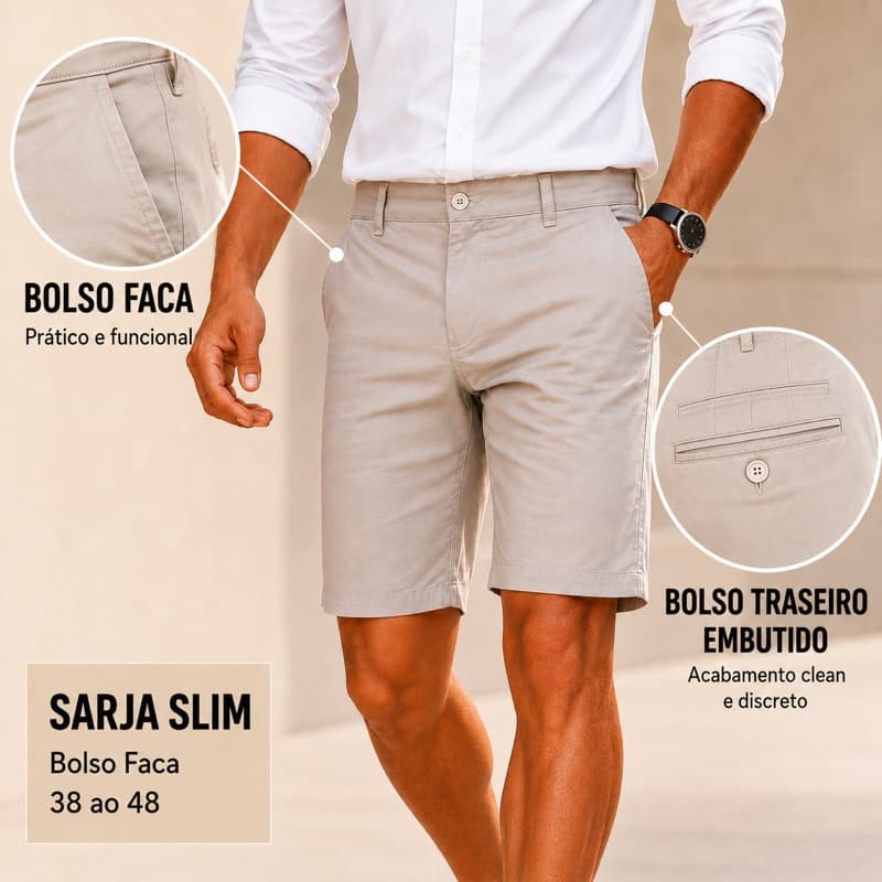 Bermuda Masculina de Sarja Social Casual Premium Confortável jeans