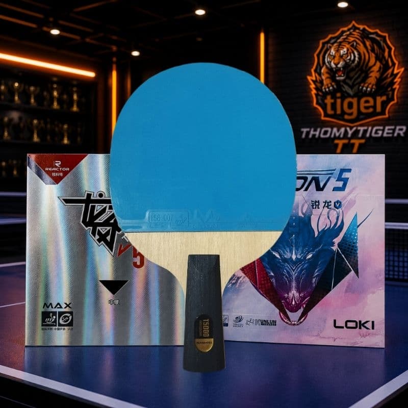 Raquete de tênis de mesa Classineta, Sanwei T5000 + RXTON 5 azul + Reactor Tornado V5 preta.
