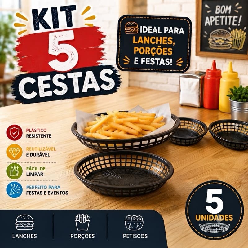Kit 05 Cestas Oval Plástico Resistente Lanche Fritas Porções Lanchonete Restaurante Festa 2309