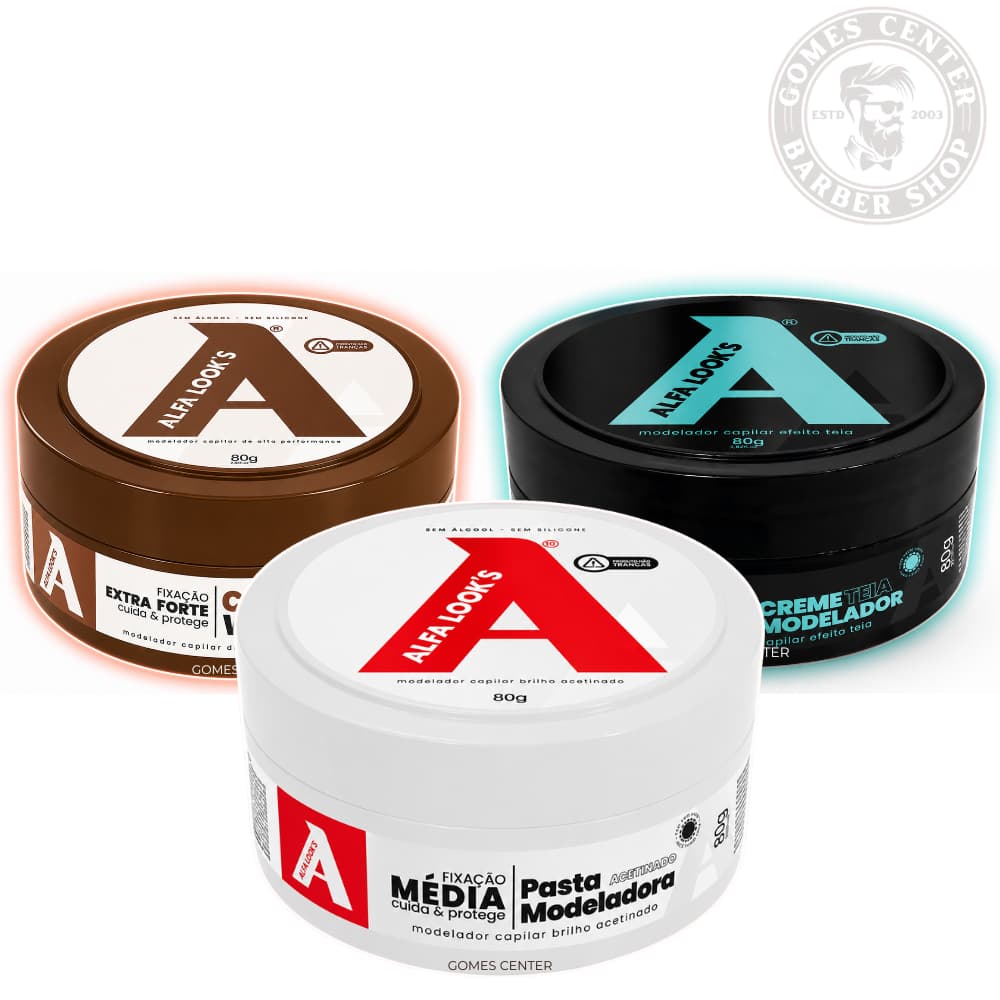 Kit 3 Pomadas Modeladoras Alfa Looks 80g Caramelo + Acetinada + Teia Alta Performance