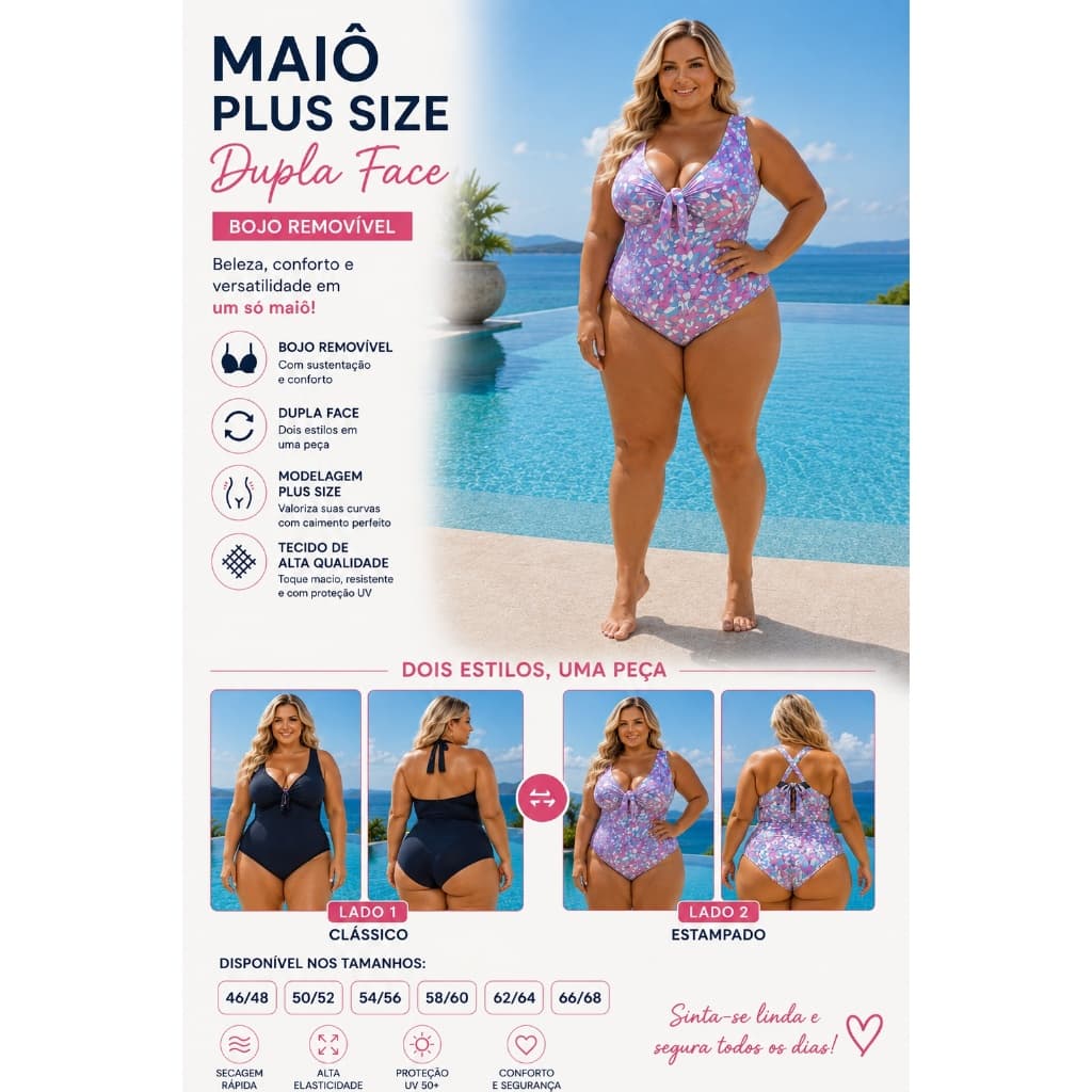Maiô BIG Plus Size Dupla Face Com Bojo Removível  Laço Busto Tamanho Grande do 46 ao 64