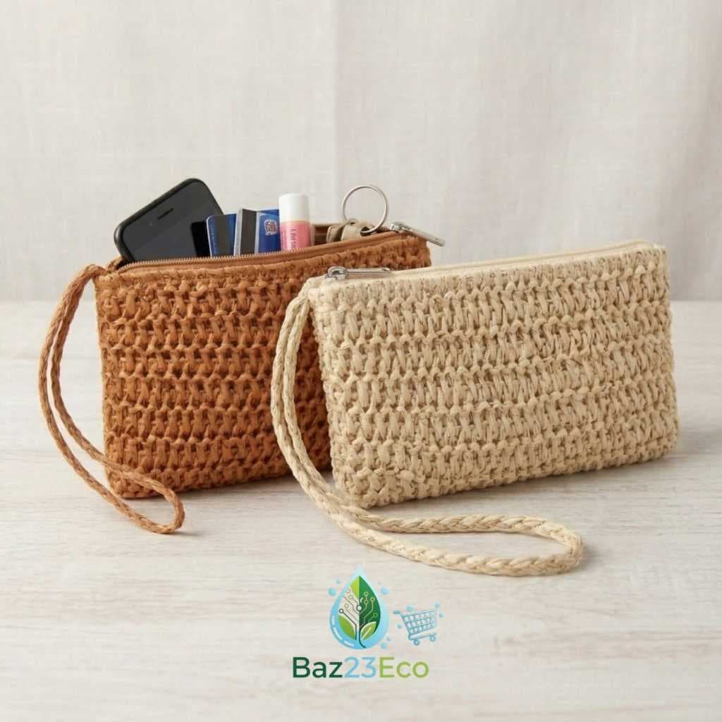 Bolsa Carteira de Mão de Palha Trançada Feminina com Zíper e Forro Interno Compacta Casual 2 Variações de Cores
