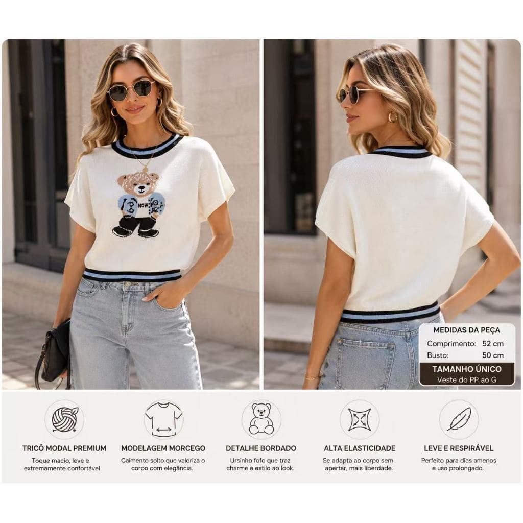 Blusa Tricô Modal Feminina Morcego com Ursinho | Manga Curta Oversized | Gola Canelada | Tamanho Único | Casual Confortá