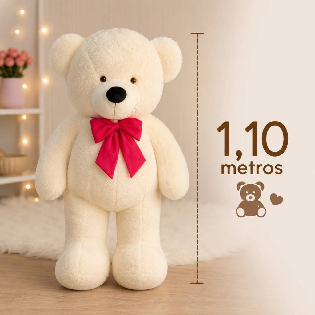 Urso de Pelúcia Grande 1,10m Baunilha Antialérgico Decoração Para Quarto Presente Criança Adulto