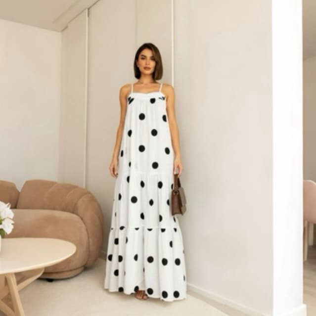 Vestido Longo de Alça Crepe Poá com Elástex para Festa