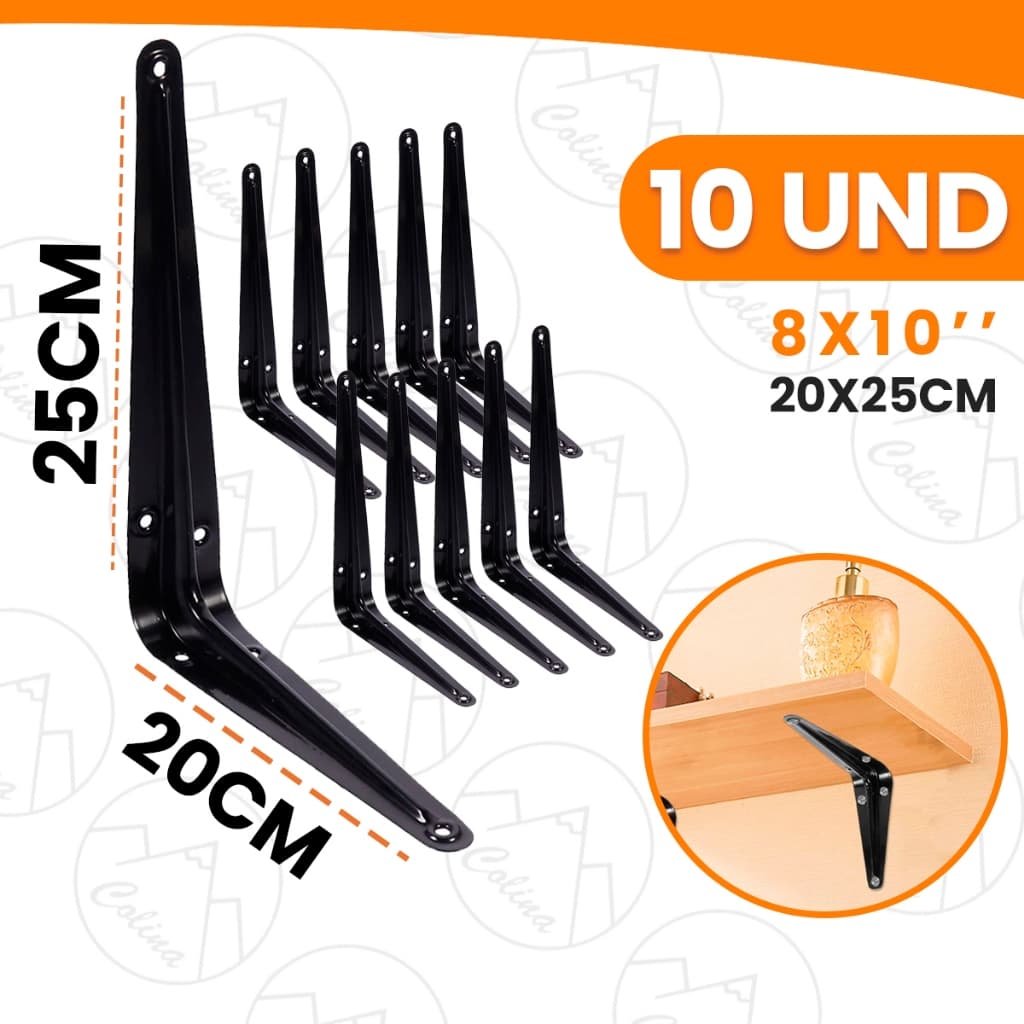 Kit 1 a 10 Mão Francesa Reforçada Cantoneira Metálica Preta 8x10'' 20x25CM Suporta 12KG Importadora Util