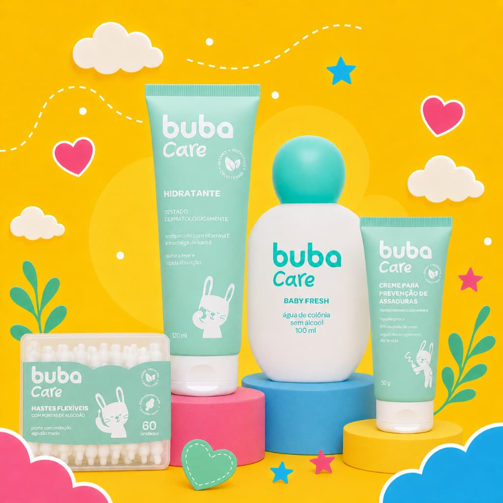 Kit Hidratante Colônia Infantil Pomada para Assaduras Hastes Flexíveis Bebê Buba Care Suave