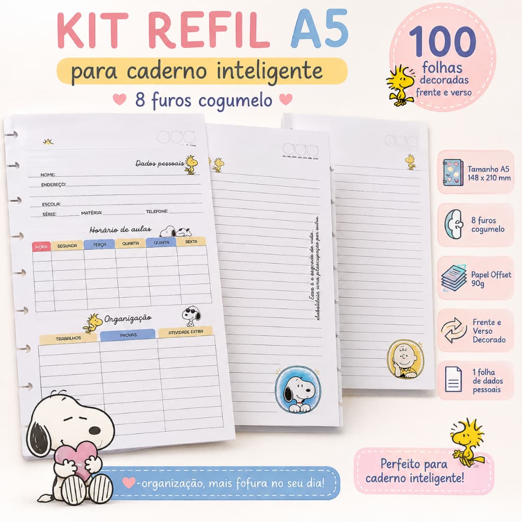 Kit Refil A5 Caderno de disco Cachorrinho 80 Folhas Decoradas 90g 8 Furos Cogumelo Frente e Verso