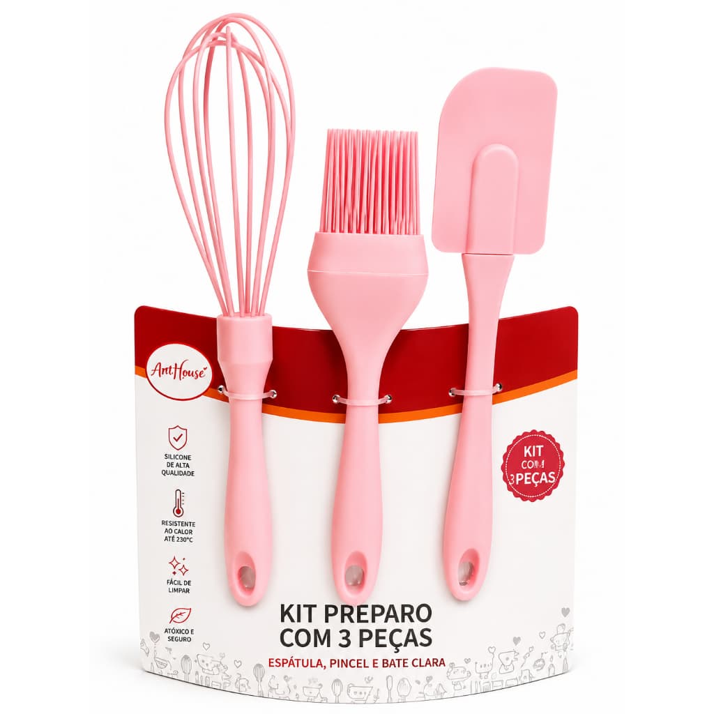 Kit Confeiteira Silicone 3 Peças Espátula Pincel Culinário Batedor Fouet Resistente ao Calor