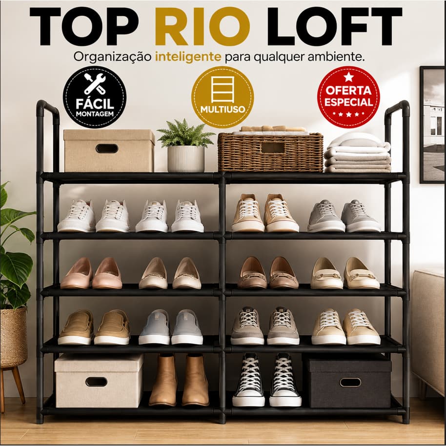 Sapateira Organizadora 5 Prateleiras Estante Multiuso de Metal Preta Organizador para Sapatos Closet Quarto Lavanderia