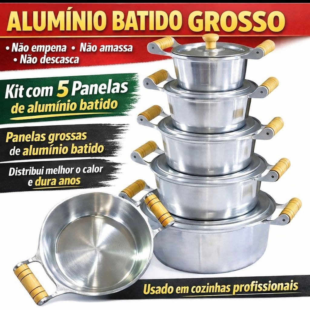 Jogo de Panelas Aluminio Batido Conjunto kit Grosso 5 Peças Pegador de Mareira  Panela Minas