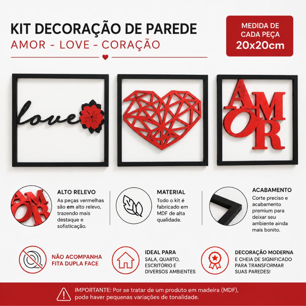 Kit 3 Quadros Familia Coração Geométrico Amor