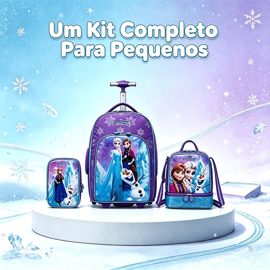 Kit Escolar Frozen Disney com Mochila de Rodinhas, Lancheira e Estojo