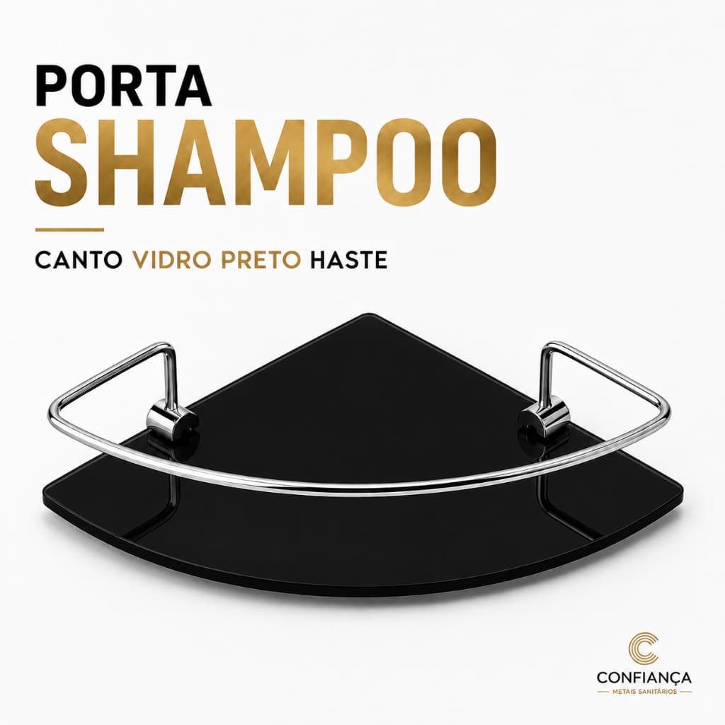 Porta Shampoo Para Banheiro Suporte De Vidro 6mm Fumê Canto Preto Com Cromado Anti Ferrugem