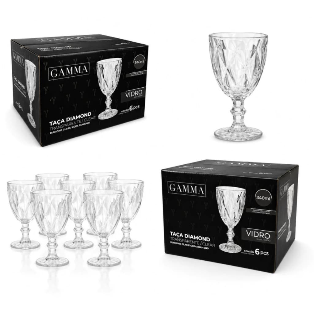 Kit 6 Taças de Vidro Gamma 340ml Transparentes Taça para Água, Suco, Bebidas Elegante
