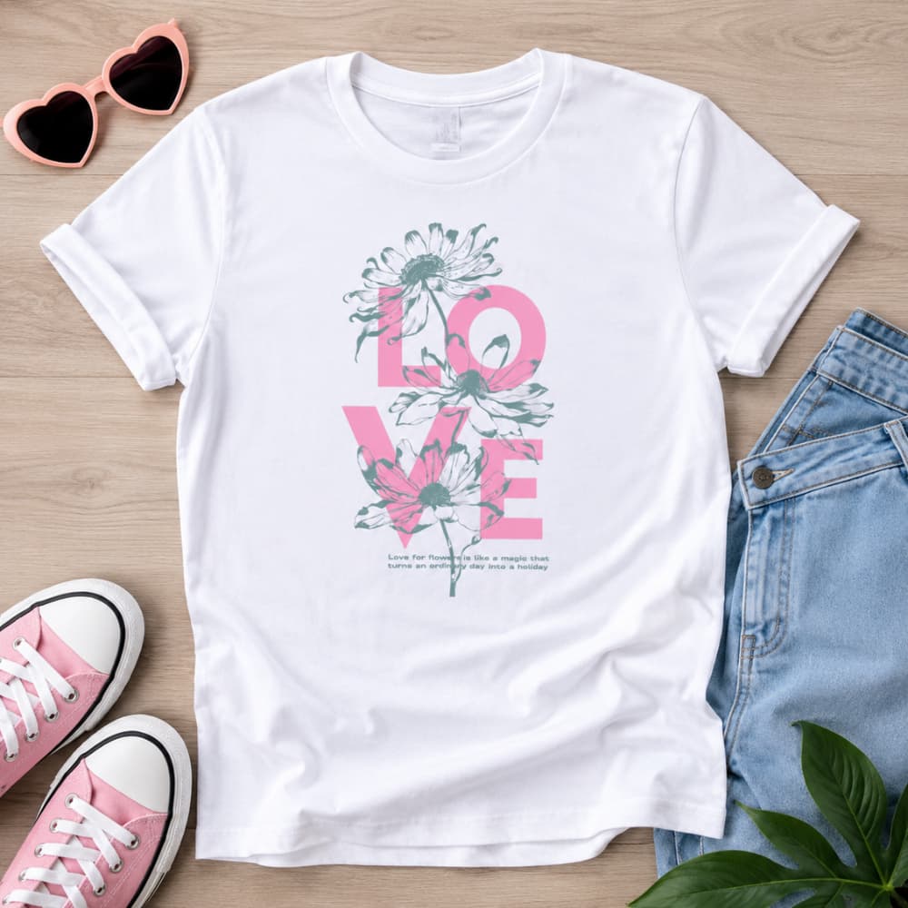 Camiseta Feminina Love Flower Casual Camisa 100% Algodão Blusa Básica Amor