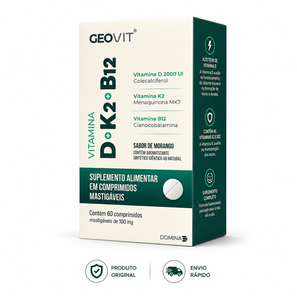 Vitamina D + K2 Mk7 + B12 Geovit Sabor Morango | 60 Comprimidos Mastigáveis