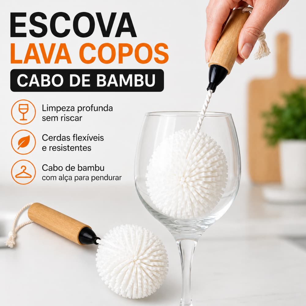 Escova Lava Copos Taças Jarras Cabo de Bambu Cerdas Flexíveis