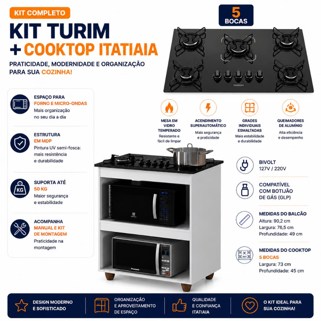 Balcão Turim com Cooktop Itatiaia 4 ou 5 Bocas | Kit Completo para Cozinha