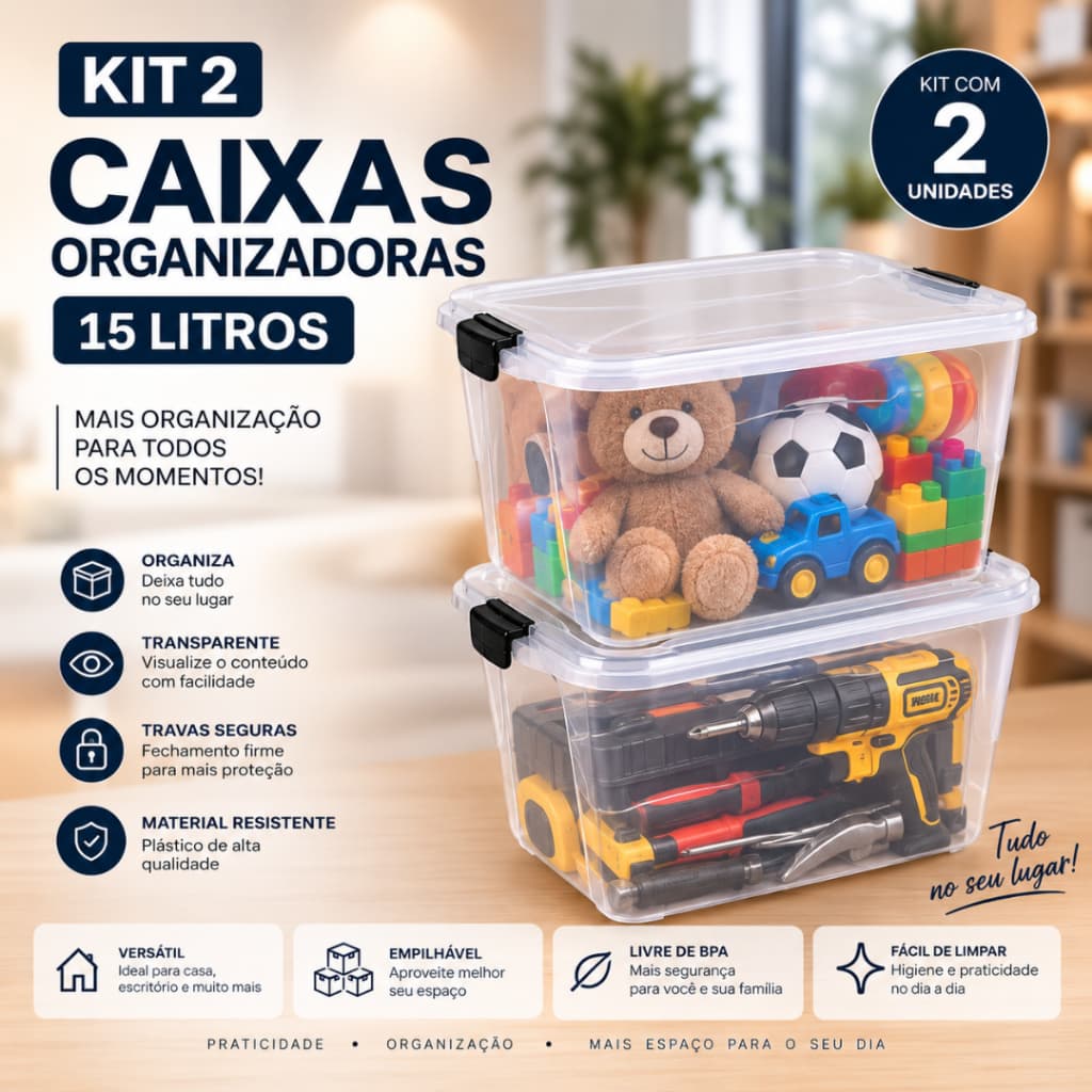 Kit 2 Caixas Organizadoras 15L Transparente Tampa com Trava Multiuso Brinquedos Cabos Livro