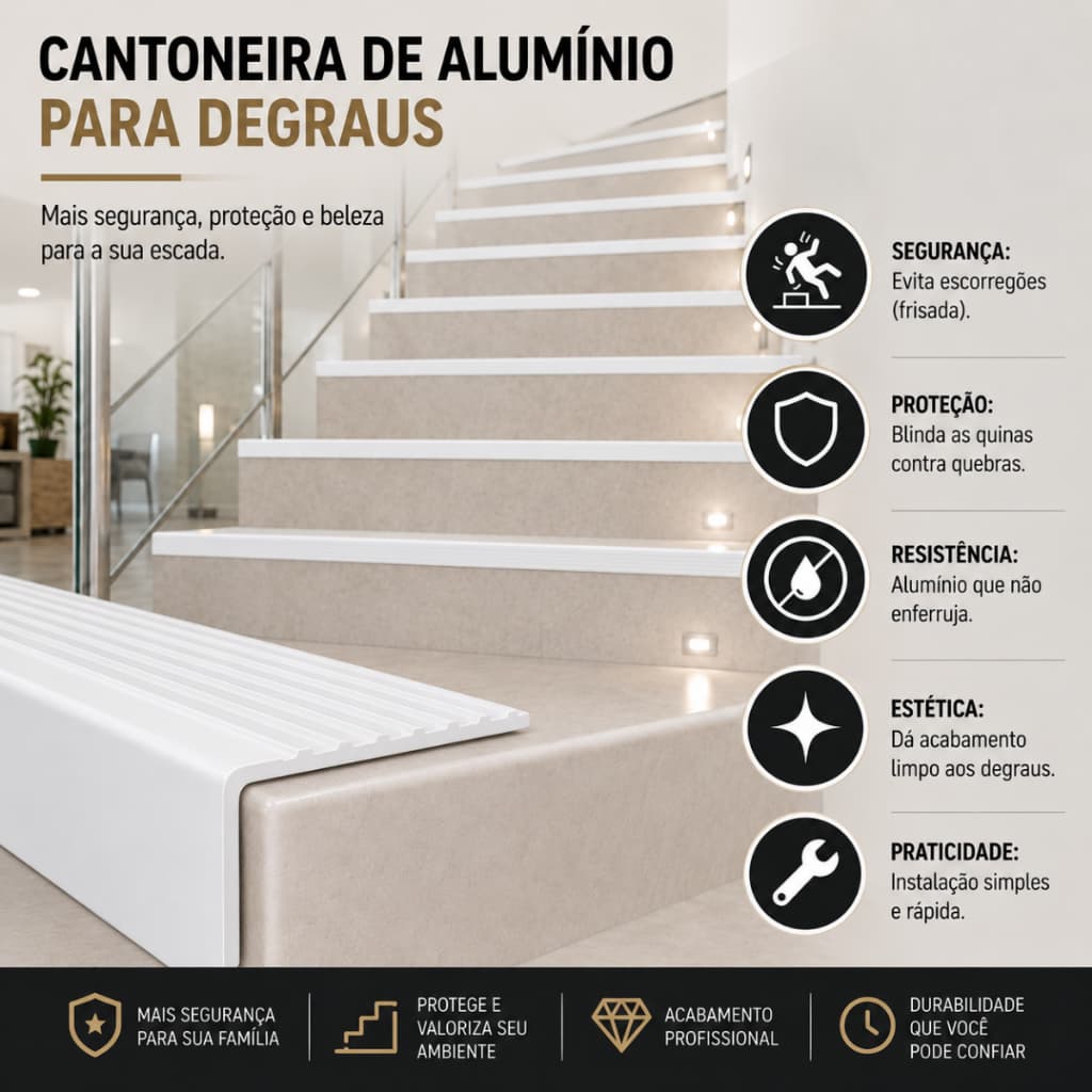 Cantoneira Acabamento Antiderrapante Degrau Escada Alumínio (kit 5unid) 1mt