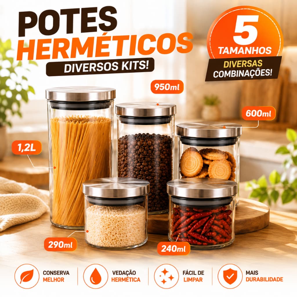 Kit Potes Hermético para Mantimentos de Cozinha Dispensa Armário Vidro c/ Tampa de Inox hermetico