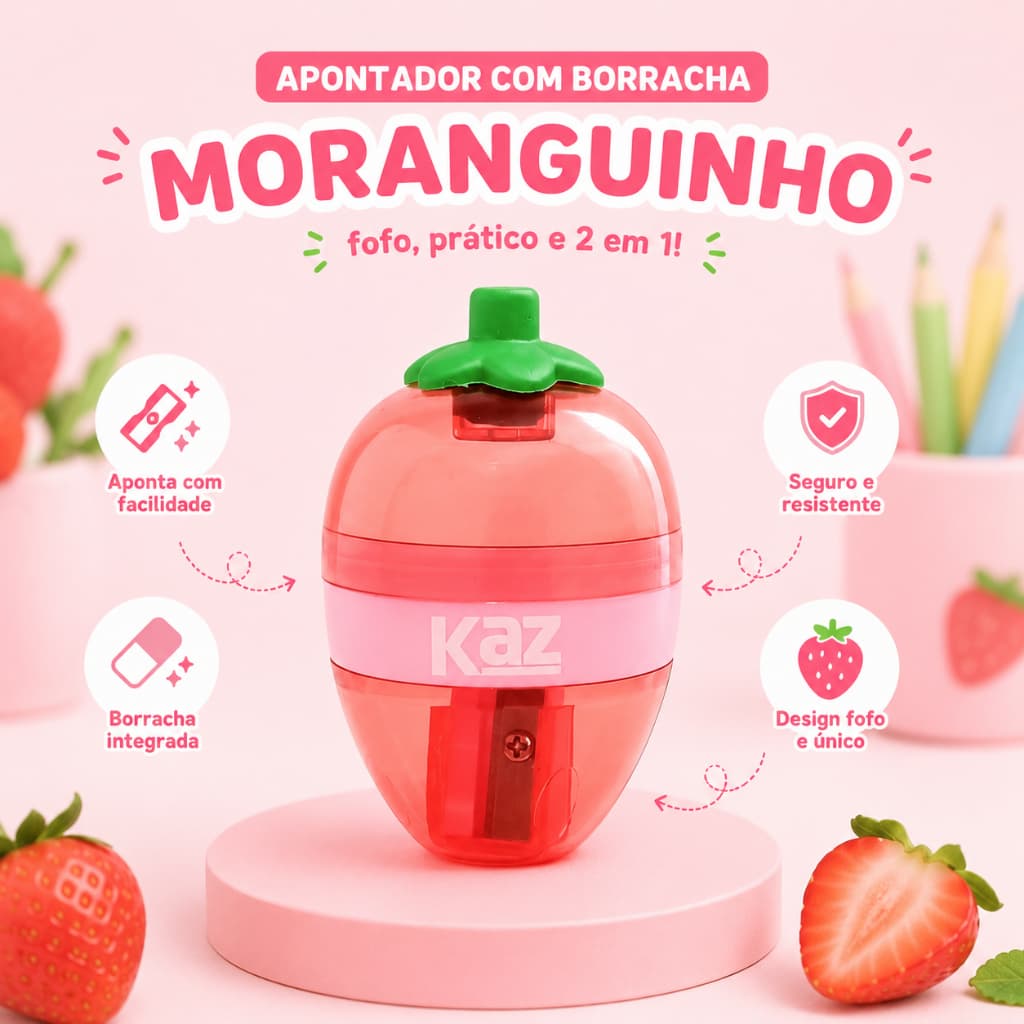 Apontador com Depósito e Borracha Morango Kawaii | Material Escolar