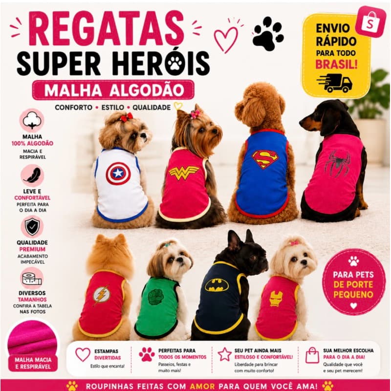 Roupa para Cachorro Regata de malha algodão para pet Roupa super heróis para pet