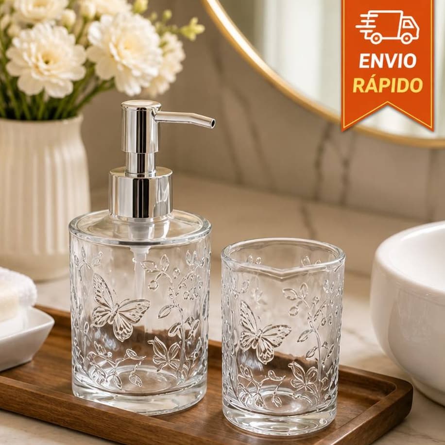 Kit Banheiro Vidro Decorado Borboleta 2 Peças Porta Sabonete Líquido e Escova Lavabo Elegante Luxo Lyor Jogo Conjunto