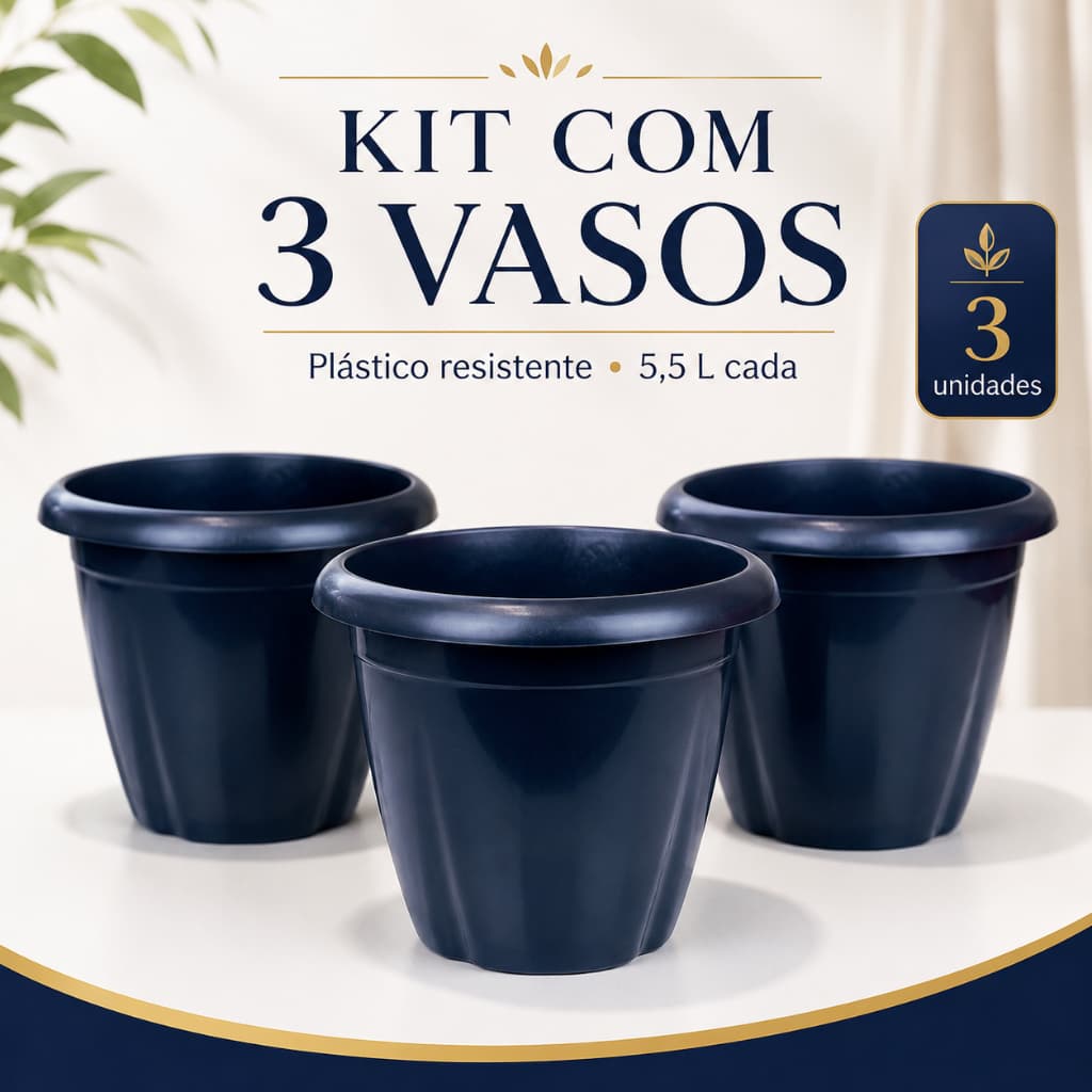 Kit Vaso Para Plantas Plástico 5,5 Litros Jardim Preto Redondo Flores Hortaliças