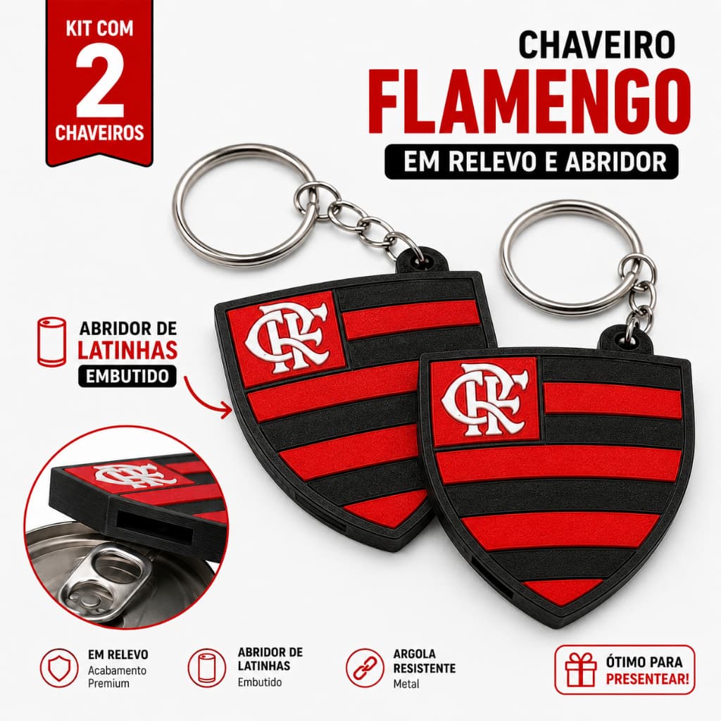 Chaveiro Mengão! Kit com 2, 5 ou 10 Unidades! Em Relevo com Abridor de Latinha Embutido!