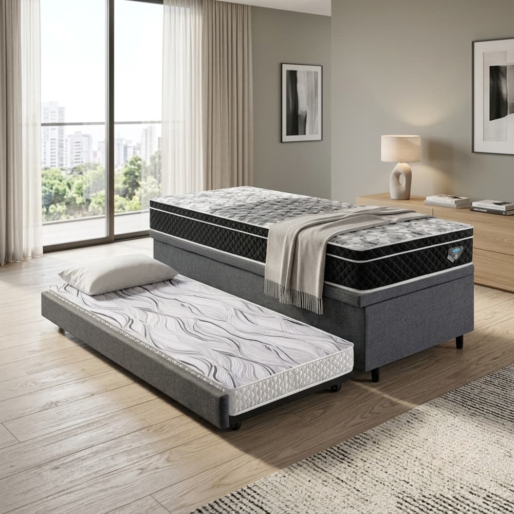 Bicama Box Baú Solteiro Com Colchão Gransleep Ecoflex Molas Verticoil Linho Cinza 88x188