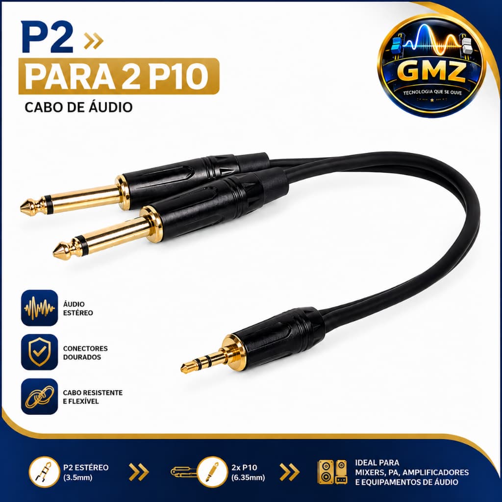 Cabo de áudio estereo P2/P10