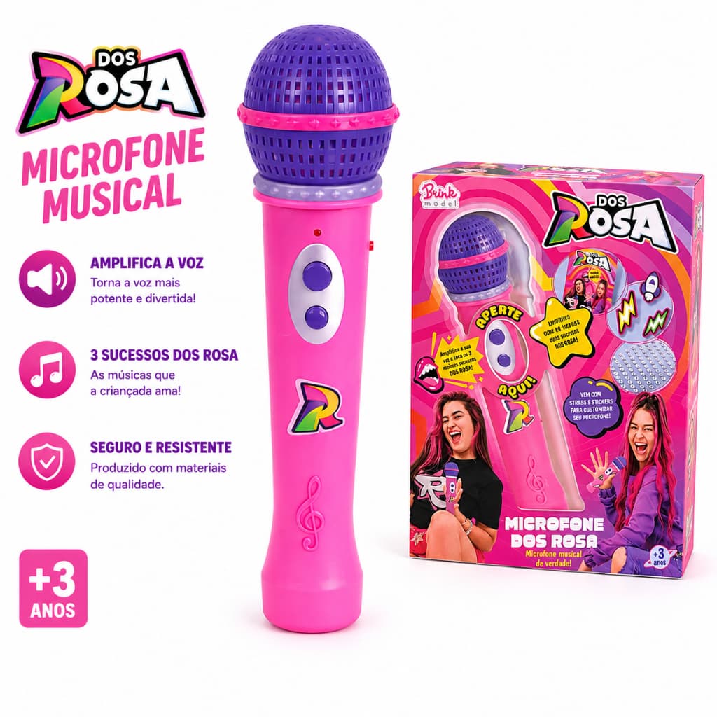 Microfone Infantil Musical Dos Rosa Emily Vick Amplifica Voz Canta 3 Músicas Brinquedo +3 Anos Presente