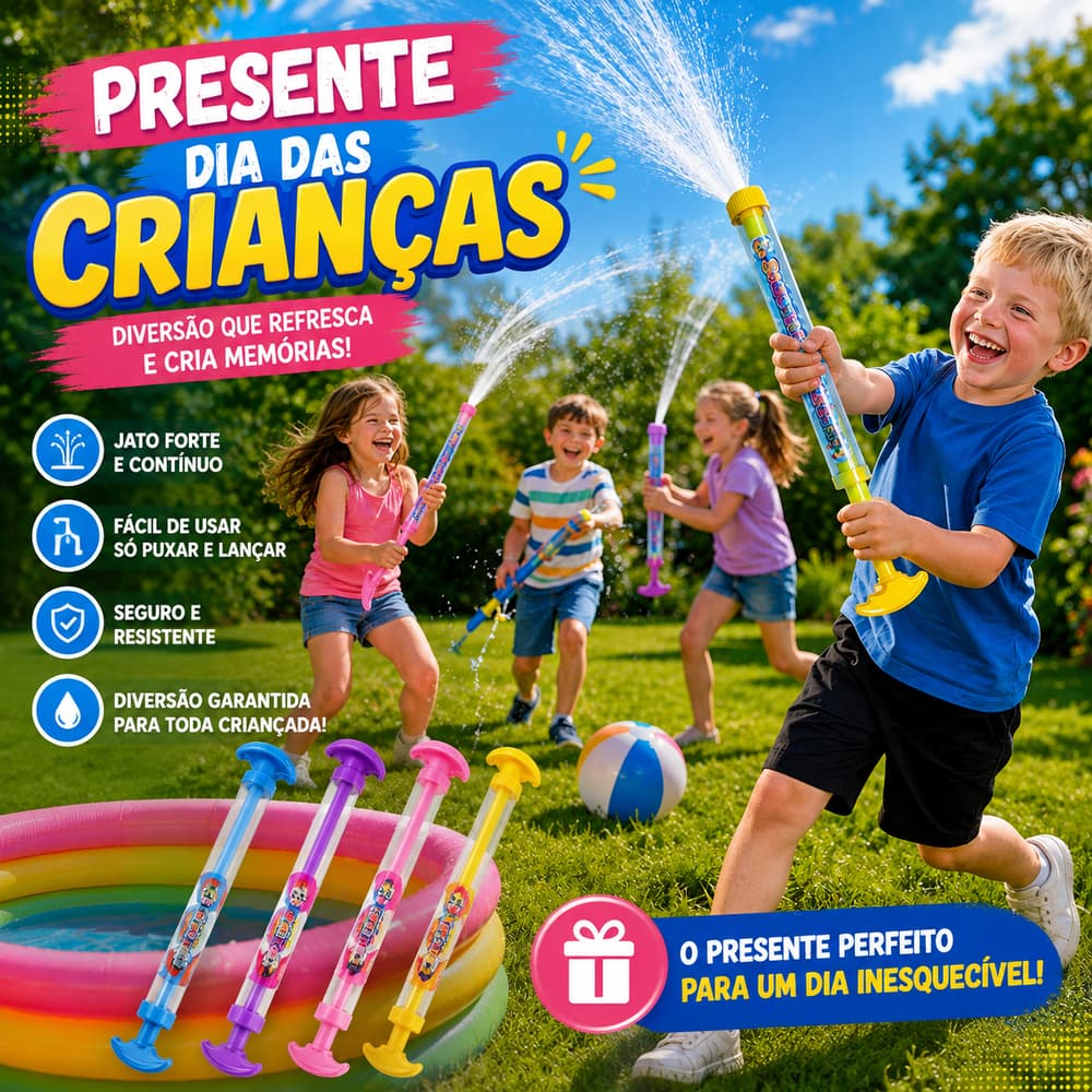 Lança Água Infantil de Tubo Praia Piscina Duplo Jato Festa Aniversário Infantil INMETRO