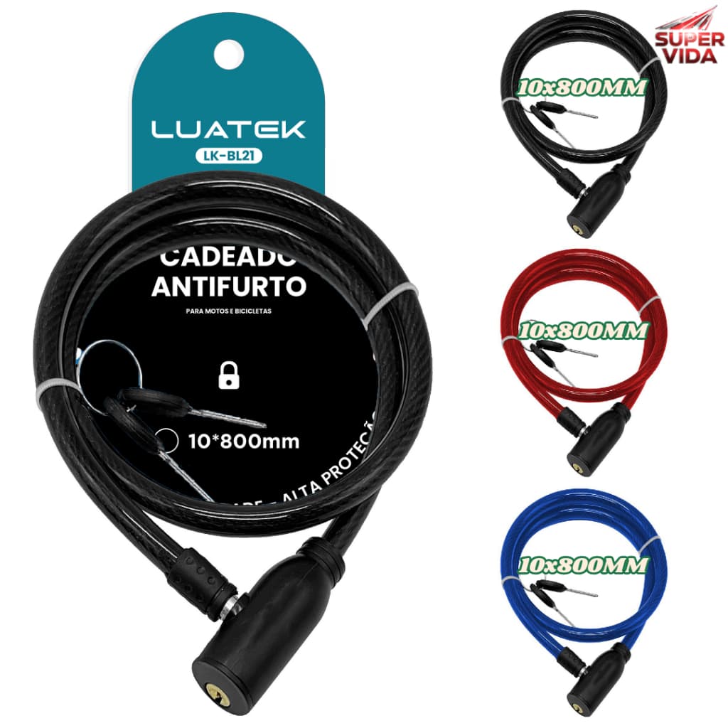Cadeado Para Bicicleta e Moto Cabo de Aço 10x800MM LUATEK Antifurto Com 2 Chaves Reforçado