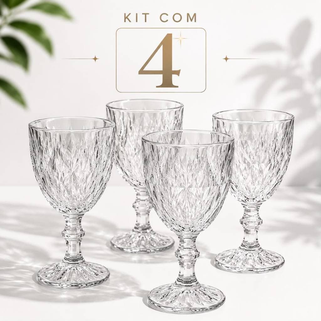 Kit 4 Taças Diamond de Vidro 320ml Taças para Vinho Água Suco Drinks Cristal Mesa Posta Luxo