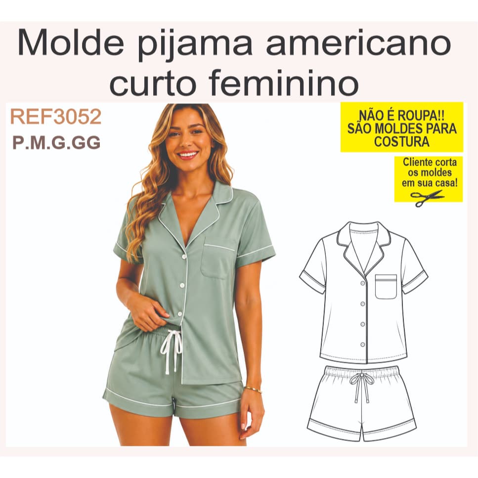 REF3052 Molde Pijama Americano Curto Feminino Tecido Plano Impresso Multitamanhos P ao GG