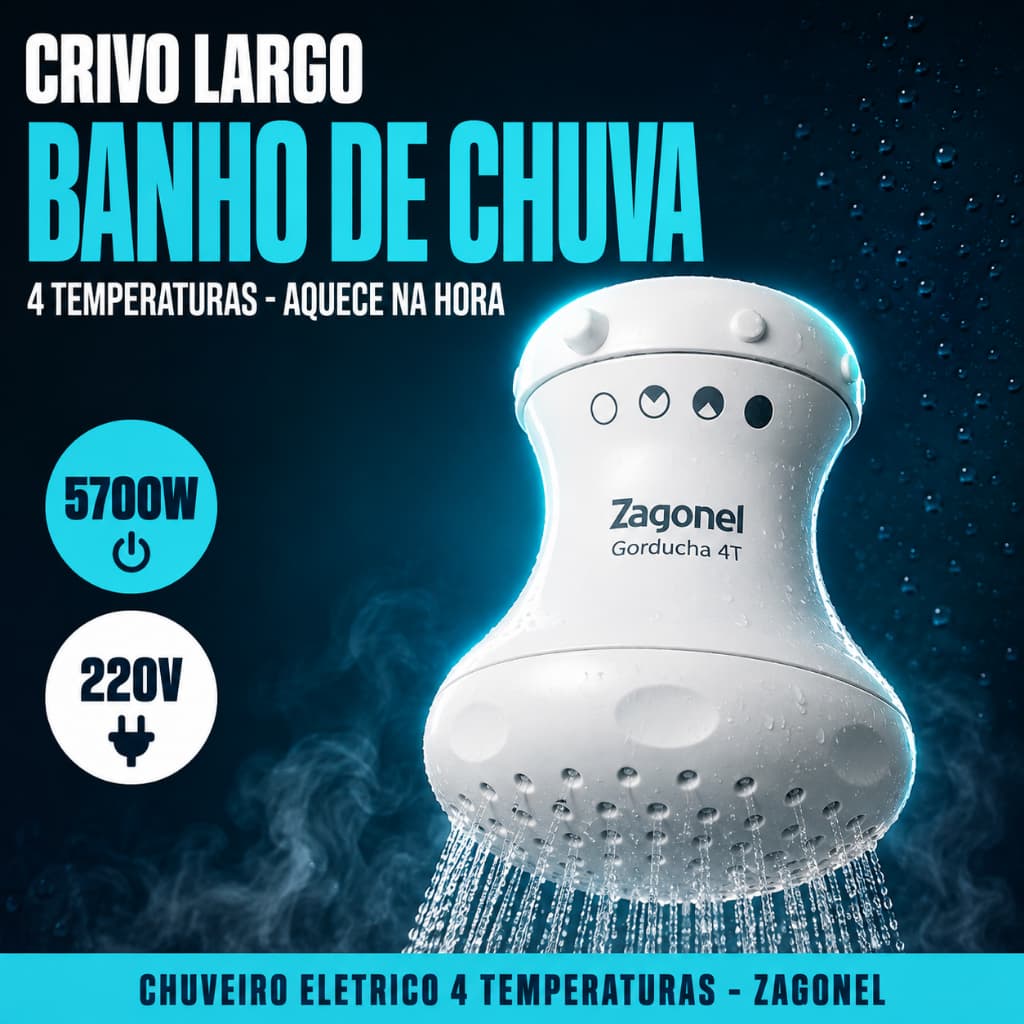Chuveiro Eletrico Ducha Gorducha Zagonel 4 Temperaturas 5700W 220V Jato Amplo Aquecimento Rapido